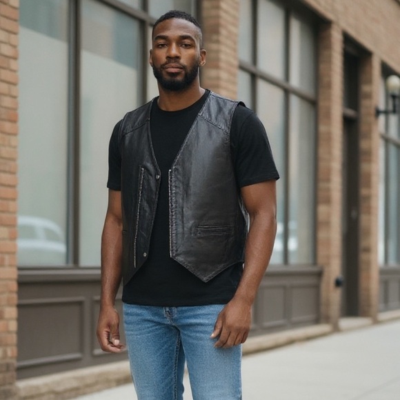 Vintage Drospo Black Leather Biker / Moto Zip Up Vest -  Size L/XL - Picture 2 of 12